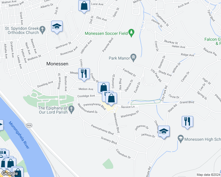 map of restaurants, bars, coffee shops, grocery stores, and more near in Monessen