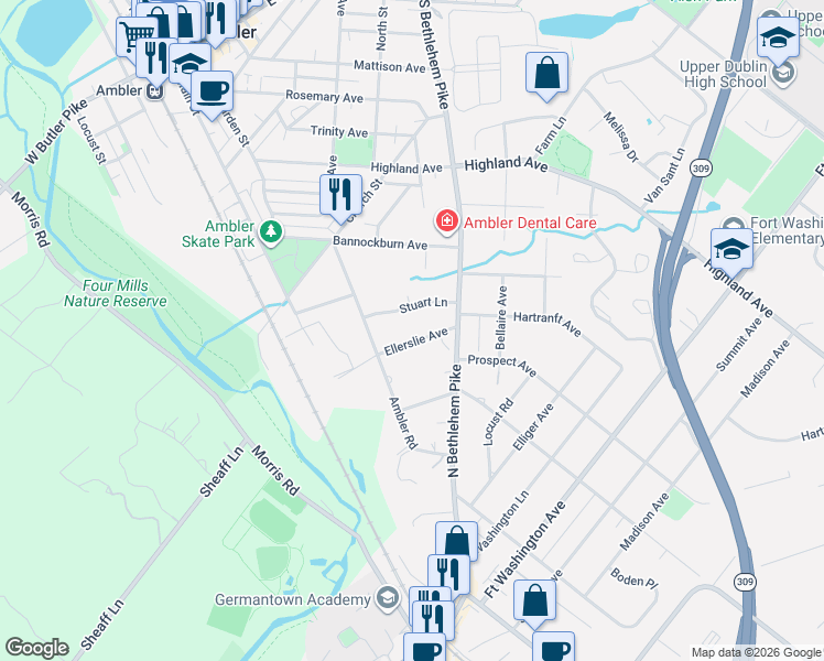 map of restaurants, bars, coffee shops, grocery stores, and more near 411 Stuart Lane in Ambler