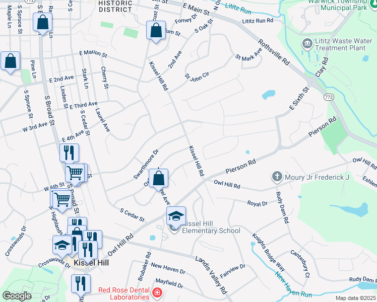 map of restaurants, bars, coffee shops, grocery stores, and more near 222 Oxford Drive in Lititz
