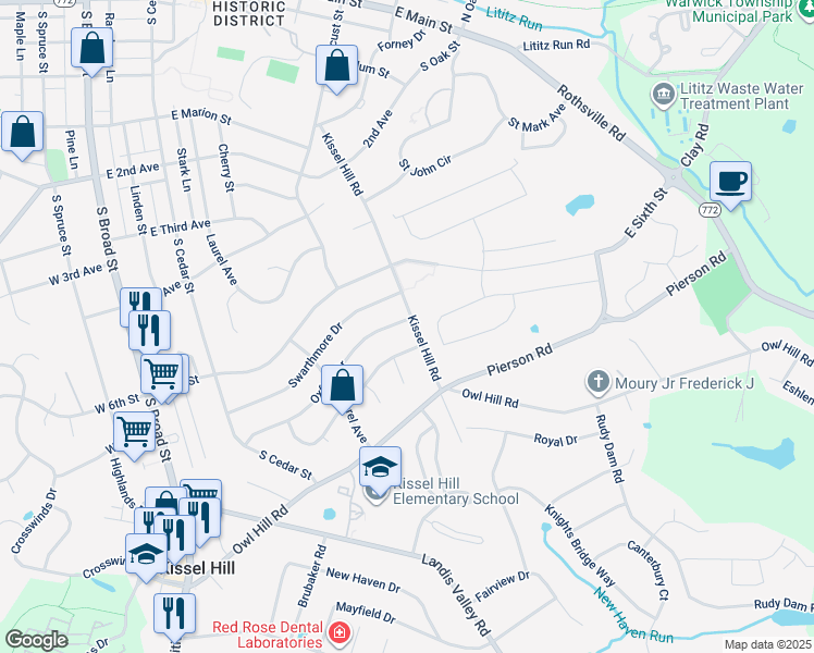 map of restaurants, bars, coffee shops, grocery stores, and more near 222 Oxford Drive in Lititz