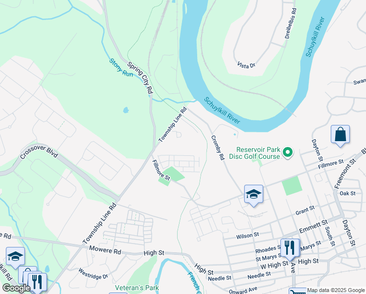 map of restaurants, bars, coffee shops, grocery stores, and more near 1295 Fillmore Street in Phoenixville