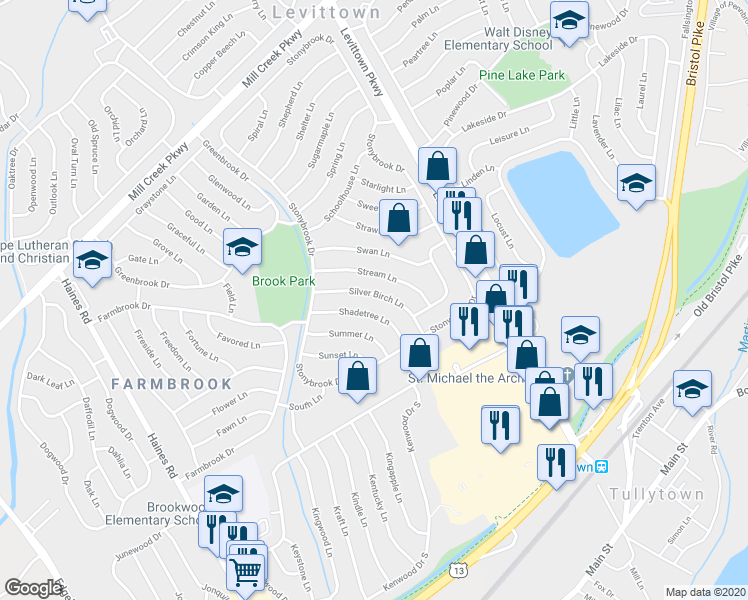 map of restaurants, bars, coffee shops, grocery stores, and more near 34 Silver Birch Lane in Levittown