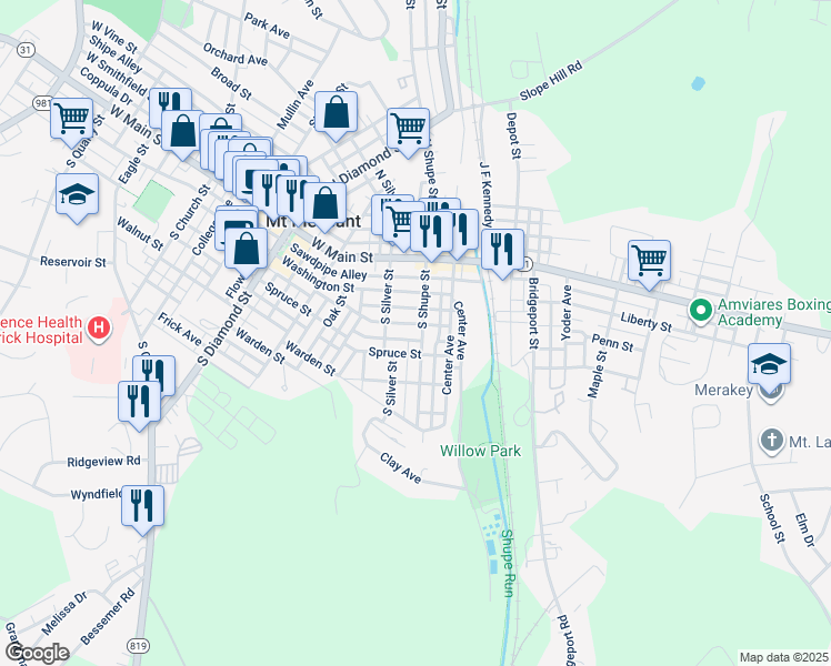 map of restaurants, bars, coffee shops, grocery stores, and more near 204 South Shupe Street in Mount Pleasant