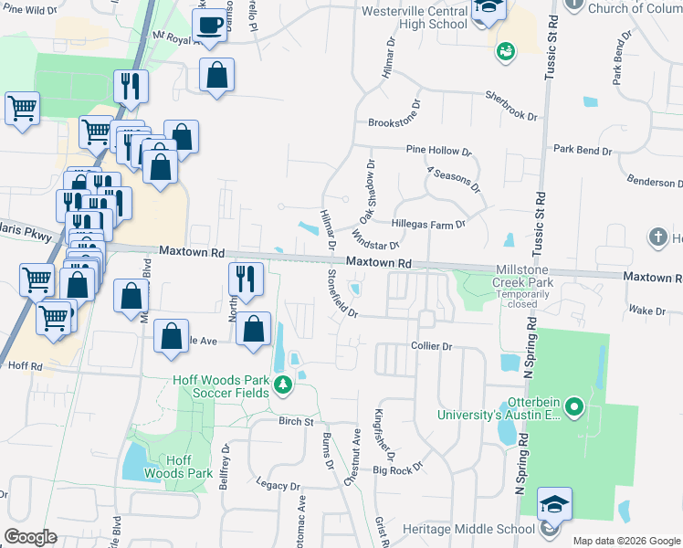 map of restaurants, bars, coffee shops, grocery stores, and more near 773 Kingsmead Road in Westerville