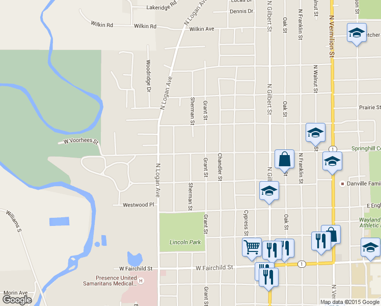 map of restaurants, bars, coffee shops, grocery stores, and more near 899 West Voorhees Street in Danville