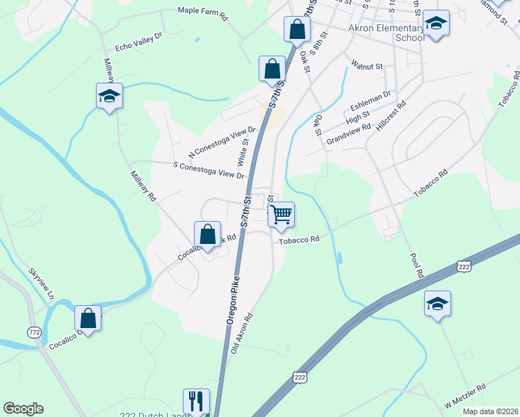 map of restaurants, bars, coffee shops, grocery stores, and more near 551 South 7th Street in Akron