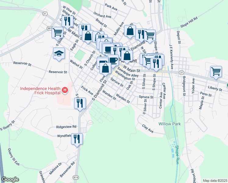 map of restaurants, bars, coffee shops, grocery stores, and more near 212 South Hitchman Street in Mount Pleasant