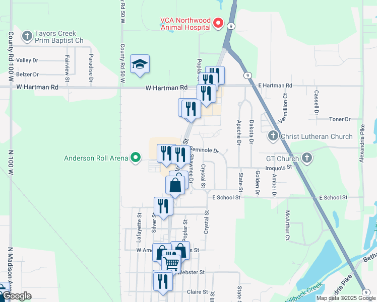map of restaurants, bars, coffee shops, grocery stores, and more near 30 Seminole Drive in Anderson
