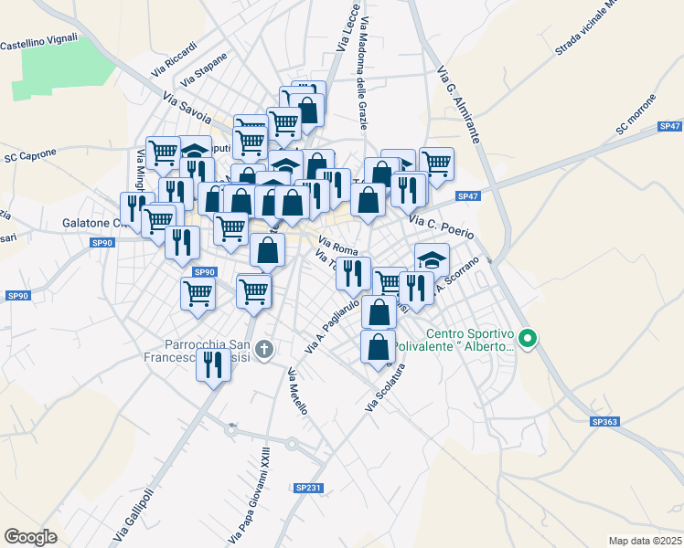 map of restaurants, bars, coffee shops, grocery stores, and more near 16 Via Torrente in Galatone
