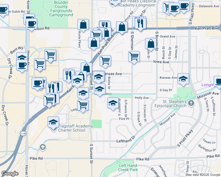map of restaurants, bars, coffee shops, grocery stores, and more near 1200 South Sunset Street in Longmont