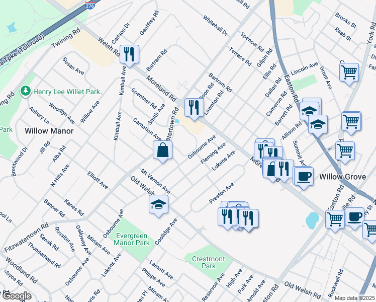 map of restaurants, bars, coffee shops, grocery stores, and more near 38 Twin Brooks Drive in Willow Grove