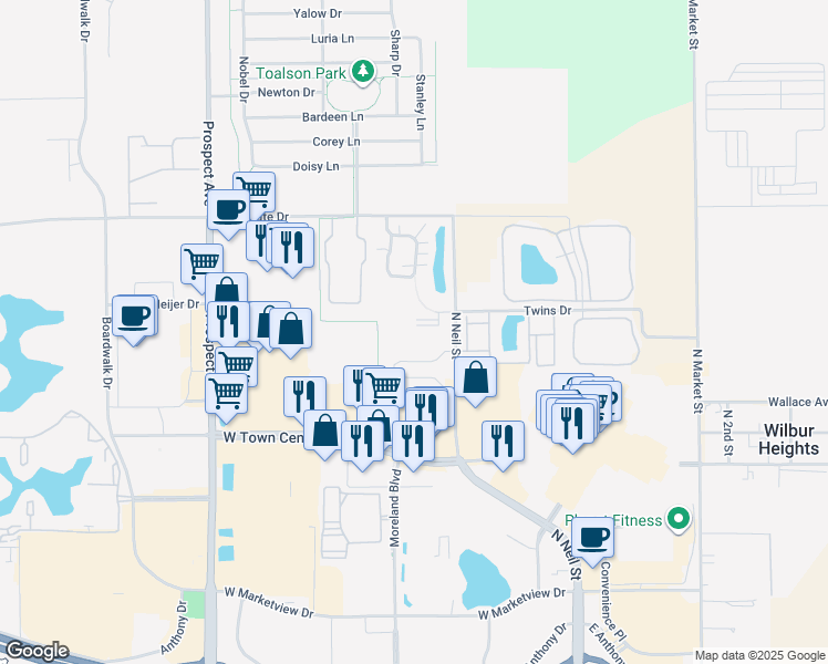 map of restaurants, bars, coffee shops, grocery stores, and more near 2607 JT Coffman Drive in Champaign