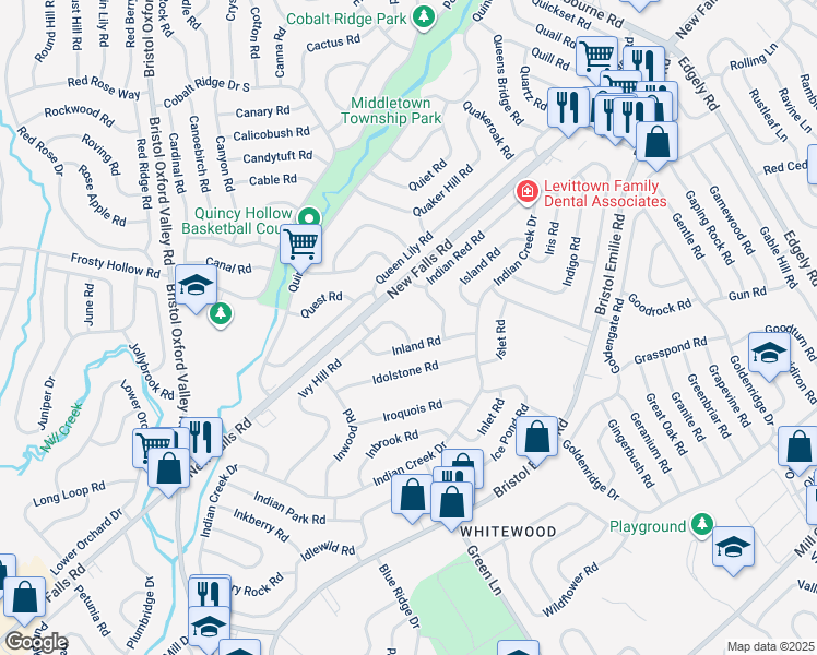 map of restaurants, bars, coffee shops, grocery stores, and more near 139 Ivy Hill Road in Levittown