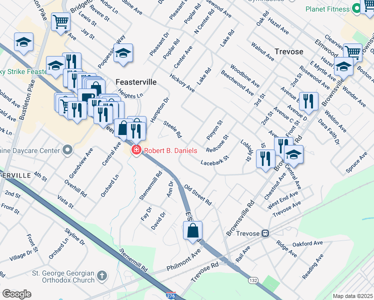 map of restaurants, bars, coffee shops, grocery stores, and more near 532 Lacebark Street in Trevose