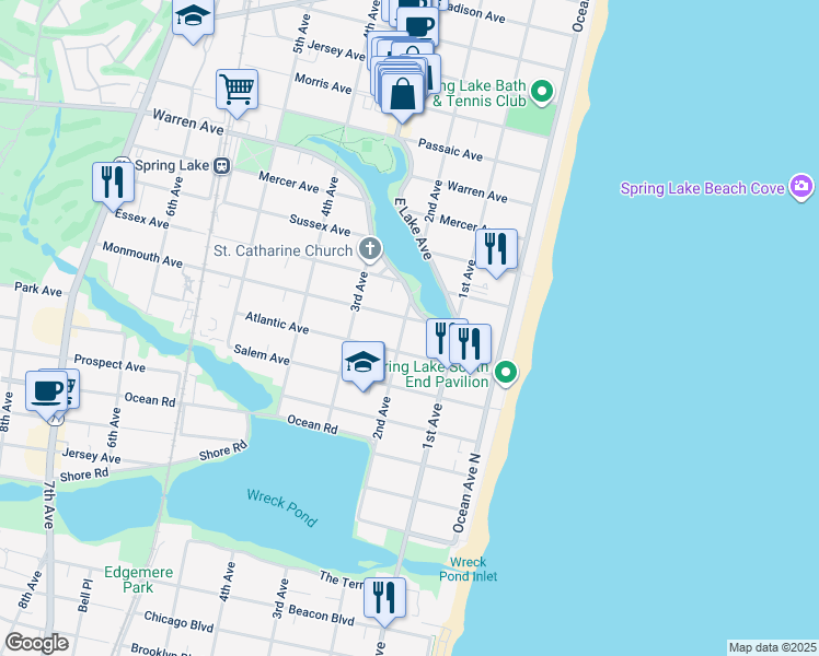 map of restaurants, bars, coffee shops, grocery stores, and more near 119 Monmouth Avenue in Spring Lake