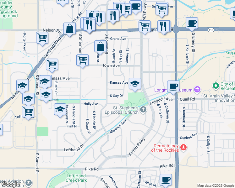 map of restaurants, bars, coffee shops, grocery stores, and more near 1016 South Gay Drive in Longmont