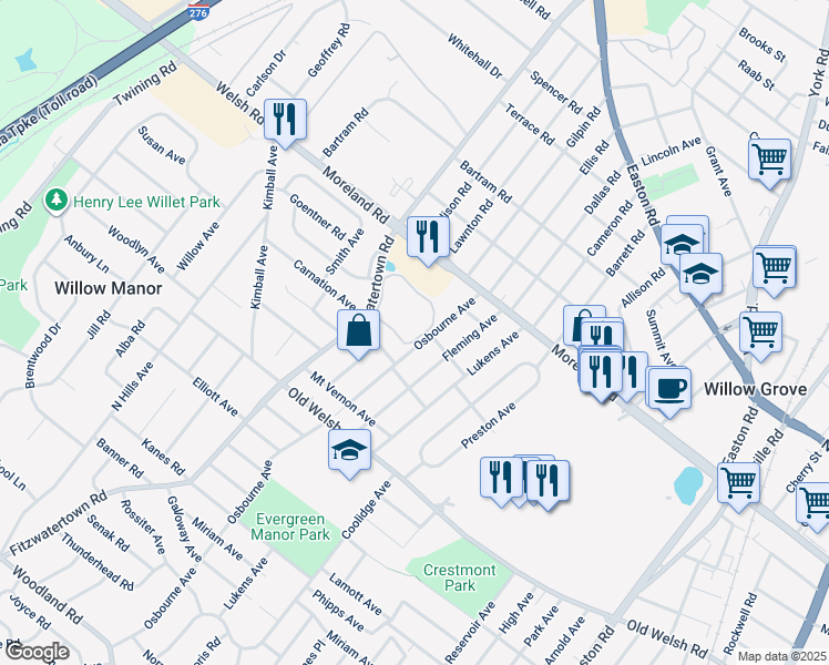 map of restaurants, bars, coffee shops, grocery stores, and more near 38 Twin Brooks Drive in Willow Grove