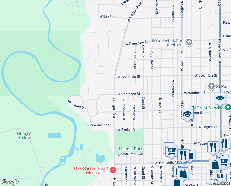 map of restaurants, bars, coffee shops, grocery stores, and more near 1300-1344 North Logan Avenue in Danville