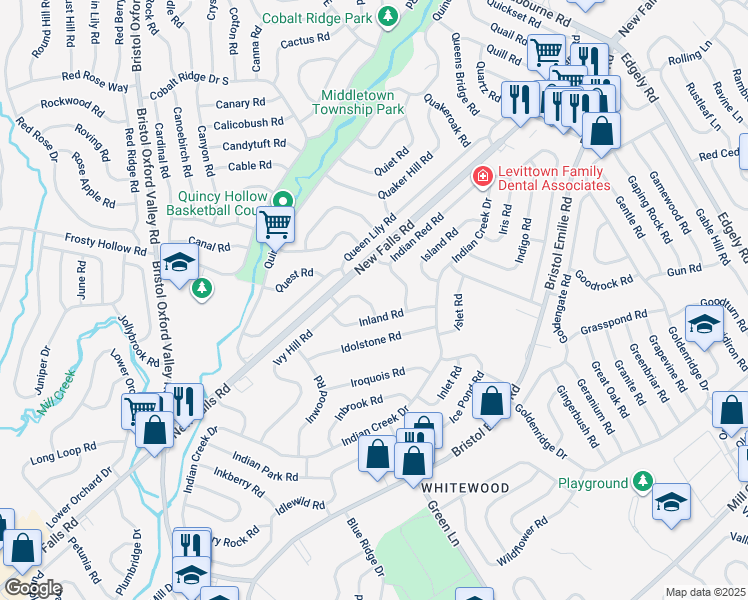 map of restaurants, bars, coffee shops, grocery stores, and more near 139 Ivy Hill Road in Levittown