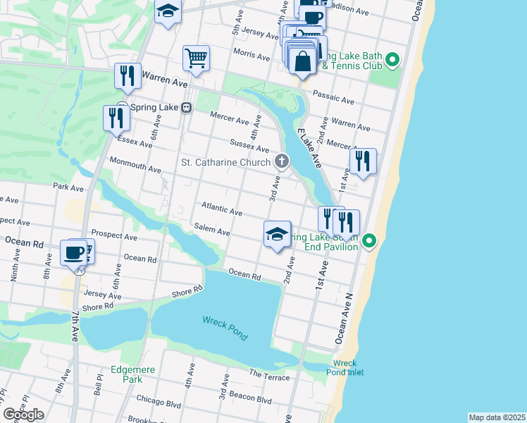 map of restaurants, bars, coffee shops, grocery stores, and more near 307 Monmouth Avenue in Spring Lake