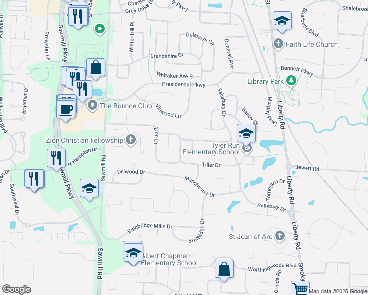 map of restaurants, bars, coffee shops, grocery stores, and more near 315 Stamford Drive in Powell