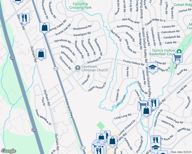 map of restaurants, bars, coffee shops, grocery stores, and more near 30 Underwood Road in Levittown