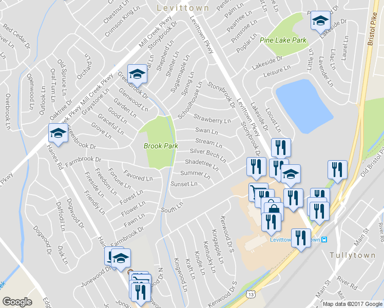 map of restaurants, bars, coffee shops, grocery stores, and more near 16 Silver Birch Lane in Levittown