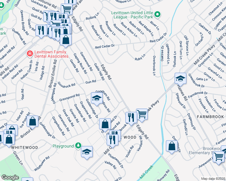 map of restaurants, bars, coffee shops, grocery stores, and more near 26 Gable Hill Road in Levittown