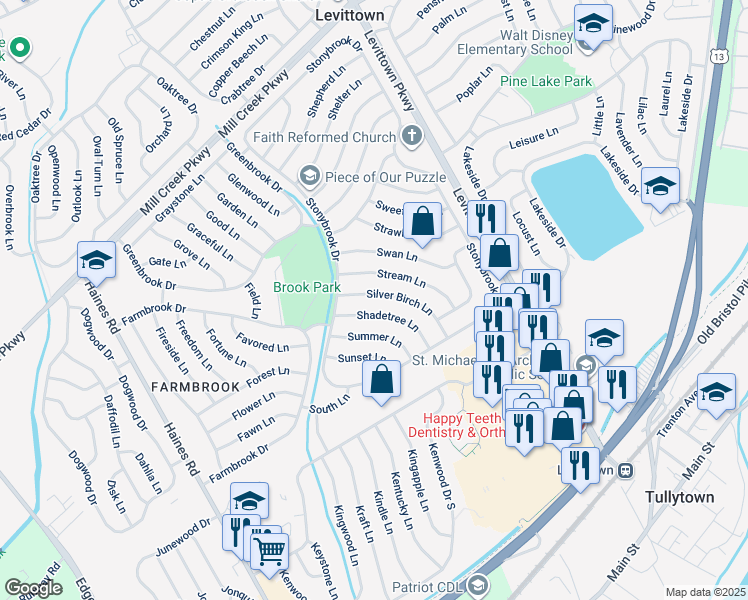 map of restaurants, bars, coffee shops, grocery stores, and more near 20 Silver Birch Lane in Levittown
