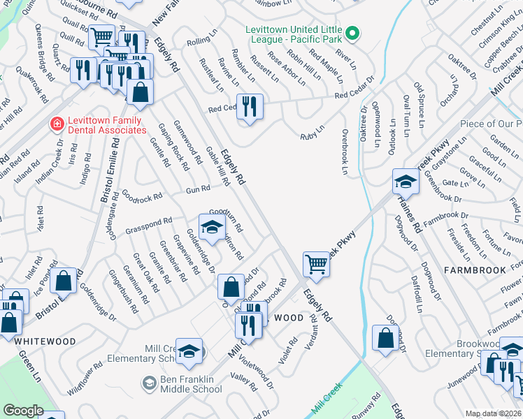map of restaurants, bars, coffee shops, grocery stores, and more near 3710 Edgely Road in Levittown