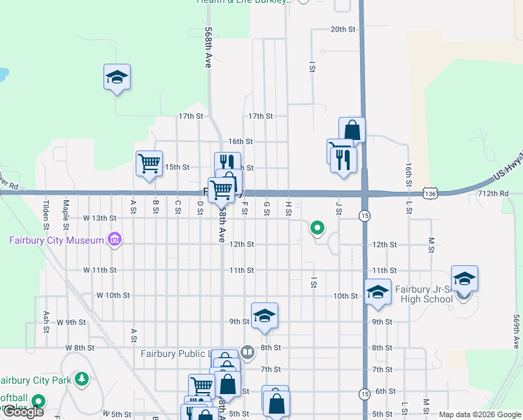 map of restaurants, bars, coffee shops, grocery stores, and more near 1319 G Street in Fairbury