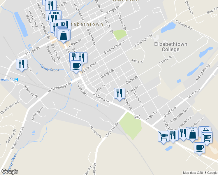 map of restaurants, bars, coffee shops, grocery stores, and more near 619 South Hanover Street in Elizabethtown