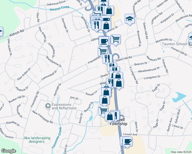 map of restaurants, bars, coffee shops, grocery stores, and more near 423 Shady Lane in Howell Township