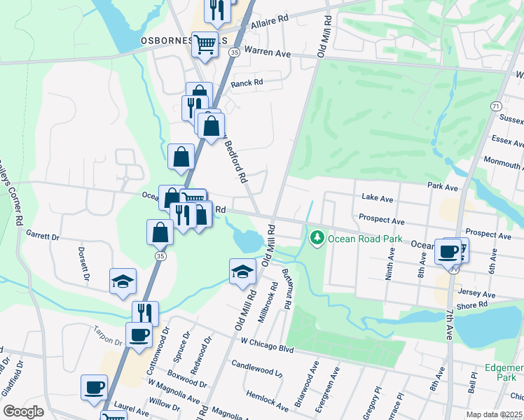 map of restaurants, bars, coffee shops, grocery stores, and more near 2060 New Bedford Road in Spring Lake