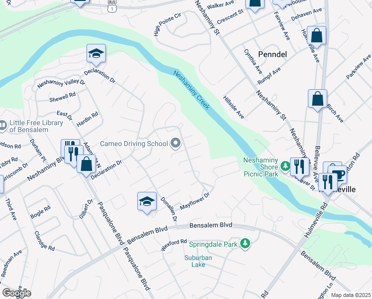 map of restaurants, bars, coffee shops, grocery stores, and more near 6401 Thomas Paine Court in Bensalem