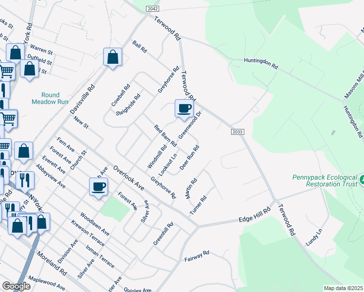 map of restaurants, bars, coffee shops, grocery stores, and more near 408 Red Barn Road in Willow Grove