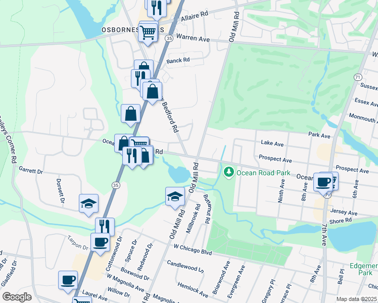 map of restaurants, bars, coffee shops, grocery stores, and more near 2060 New Bedford Road in Spring Lake