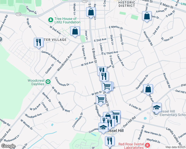 map of restaurants, bars, coffee shops, grocery stores, and more near 34 W 4th Ave in Lititz