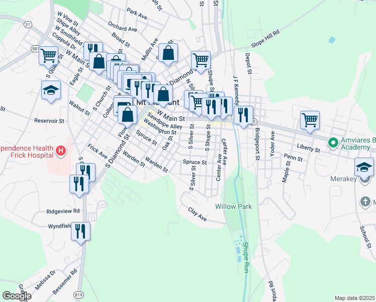 map of restaurants, bars, coffee shops, grocery stores, and more near 303 Summit Street in Mount Pleasant