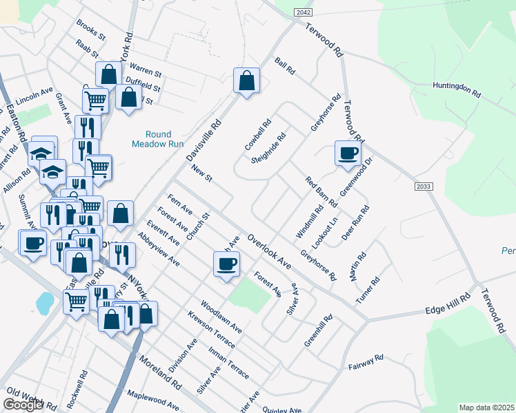map of restaurants, bars, coffee shops, grocery stores, and more near 188 Greyhorse Road in Willow Grove