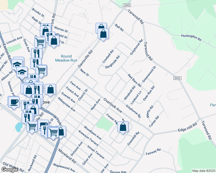 map of restaurants, bars, coffee shops, grocery stores, and more near 188 Greyhorse Road in Willow Grove