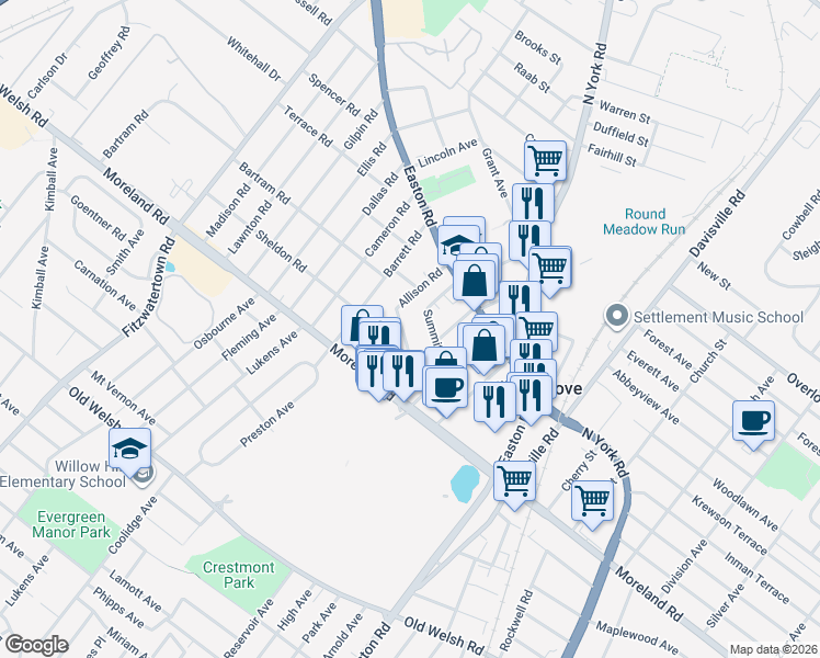 map of restaurants, bars, coffee shops, grocery stores, and more near 119 Summit Avenue in Willow Grove