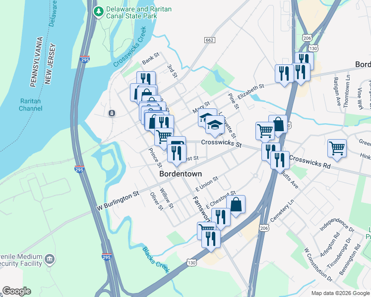 map of restaurants, bars, coffee shops, grocery stores, and more near 20 County Road 528 in Bordentown