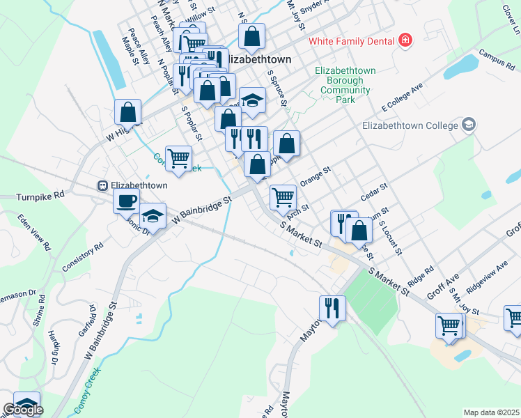 map of restaurants, bars, coffee shops, grocery stores, and more near 503 South Market Street in Elizabethtown