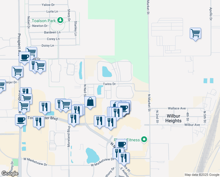 map of restaurants, bars, coffee shops, grocery stores, and more near 2411 Hampshire Drive in Champaign