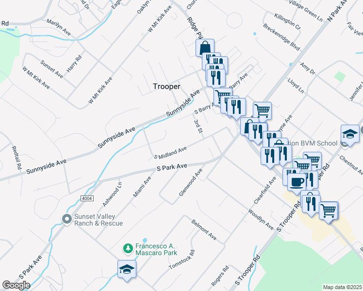 map of restaurants, bars, coffee shops, grocery stores, and more near 127 South Midland Avenue in Eagleville