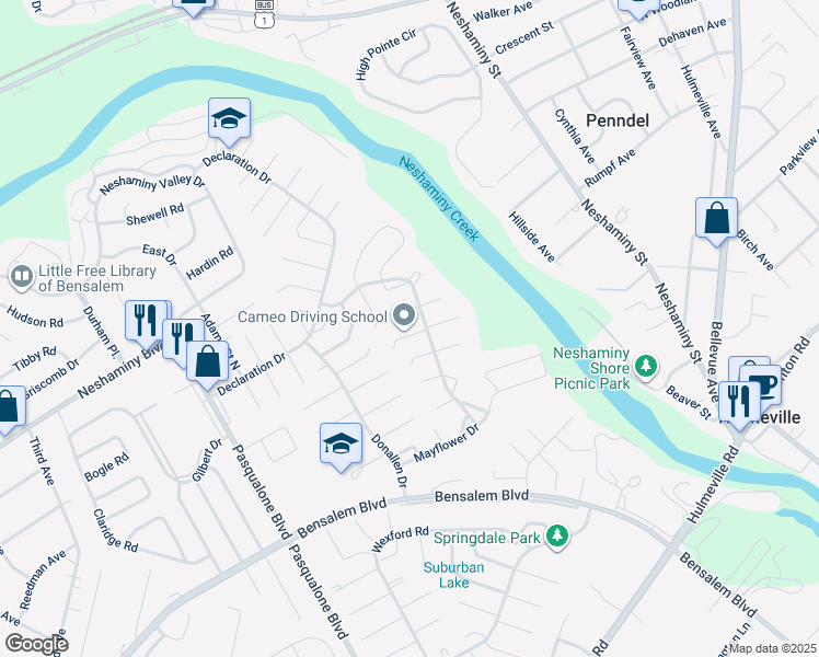 map of restaurants, bars, coffee shops, grocery stores, and more near 6417 Thomas Paine Court in Bensalem