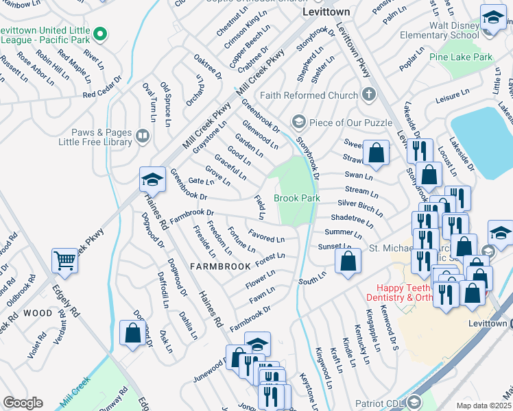 map of restaurants, bars, coffee shops, grocery stores, and more near 11 Field Lane in Levittown