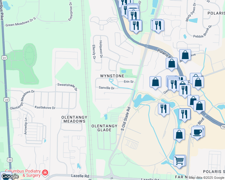 map of restaurants, bars, coffee shops, grocery stores, and more near 663 Sanville Drive in Lewis Center