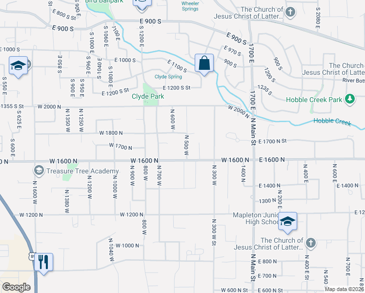 map of restaurants, bars, coffee shops, grocery stores, and more near 1741 North 500 West in Mapleton